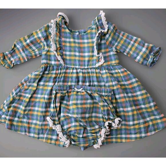 Pink Chicken‎ Dress Cotton Green Ruffles Country 3-6mos Boho Long Sleeves - Picture 1 of 7